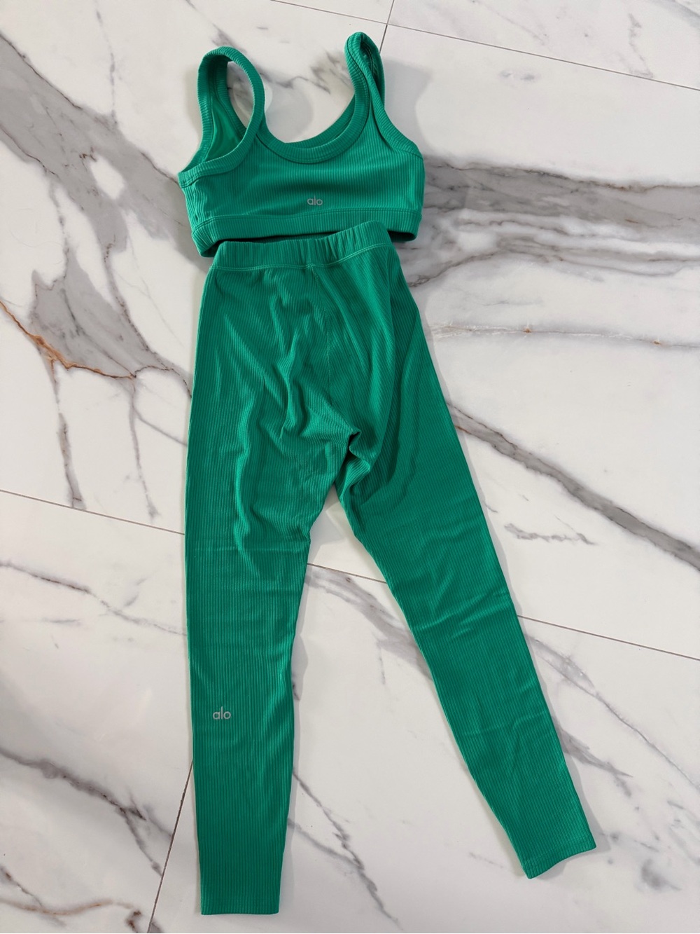 ALO Yoga Ribbed Leggings and Crop Top Set in Emerald XS bottoms and Medium top